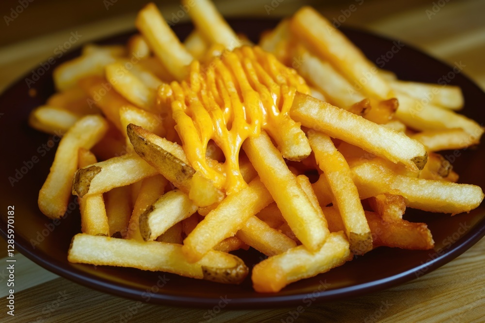 A plate of crispy French fries topped with melted cheese A plate of crispy French fries topped with melted cheese