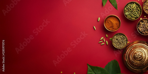 Indian Traditional Colorful Spices and Aromatic Herbs on copper pot with Red Background, gold glitter, Top View