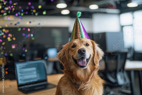 playful golden retriever wearing party hat in modern tech startup office surrounded by floating laptops binary code and rainbow digital confetti