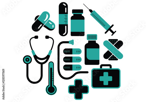 Essential Medical Supplies Vector - Stethoscope, Syringe, Pills, First Aid Kit, Healthcare Tools