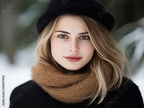 Stylish blonde woman in black hat and brown scarf with confident expression in winter setting and snowy background for modern fashion editorial and portrait photography