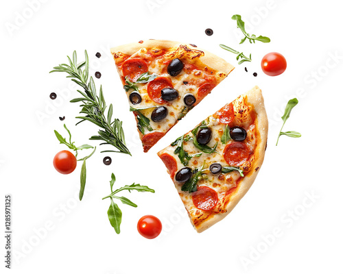 Two Slices of Pepperoni Pizza With Fresh Herbs and Vegetables