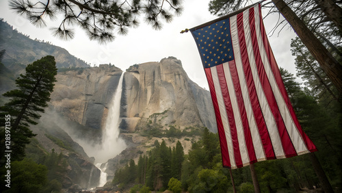 Massive American Flag Beside Yosemite Falls Symbolizing National Pride. Perfect for: Independence Day, National Parks Events, Tourism Promotions