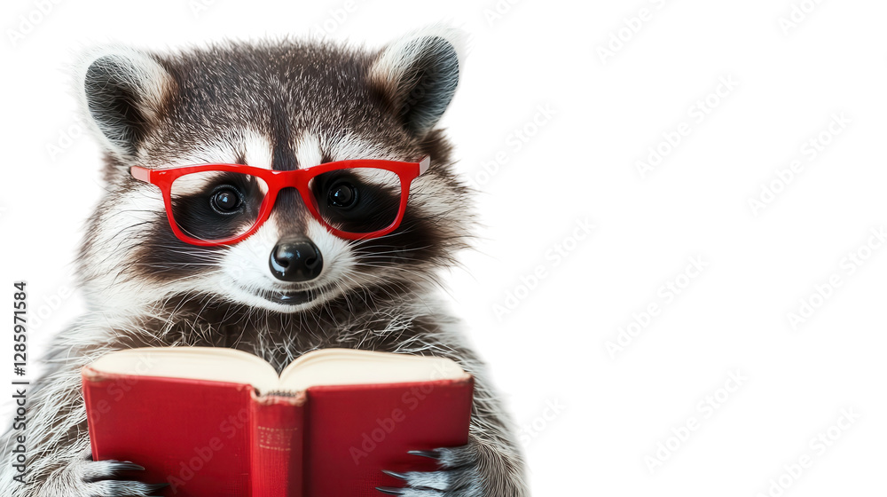 Raccoon wearing glasses reads a book, showcasing a whimsical and playful scene in a bright setting