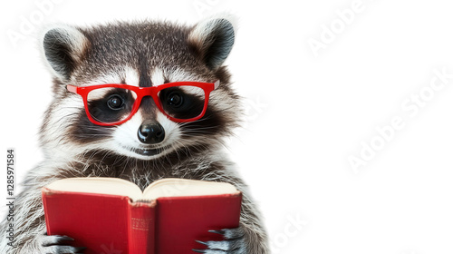 Raccoon wearing glasses reads a book, showcasing a whimsical and playful scene in a bright setting