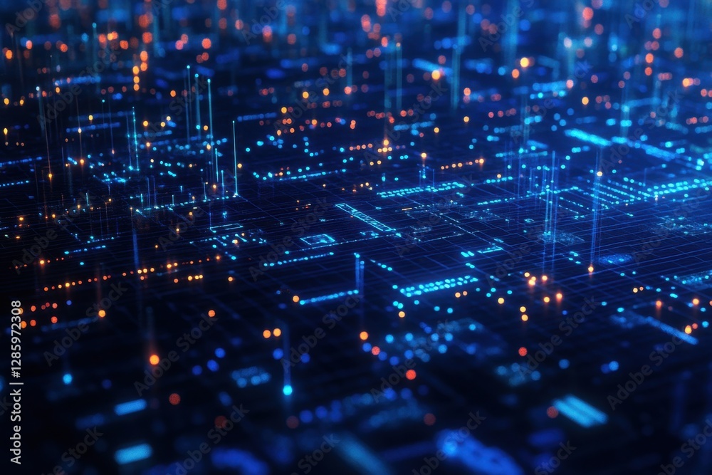 Fototapeta premium Vibrant digital cityscape illuminated by shimmering lights in a high-tech landscape at night. Generative AI