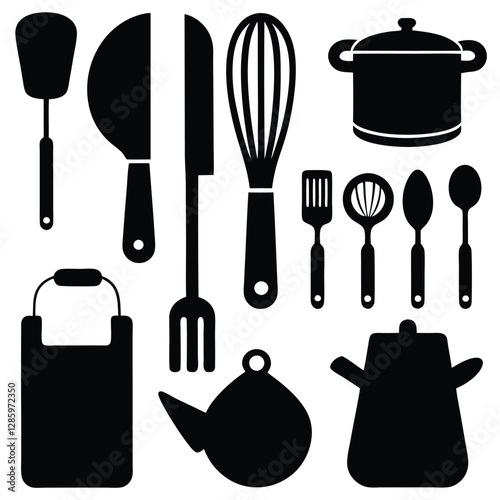 Collection of essential kitchen tools silhouettes in vector on white background
