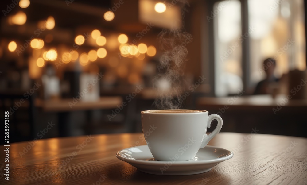 Steaming coffee cup in cafe Steaming coffee cup in cafe