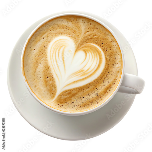 Cup of cappuccino with milk in heart shape, isolated on transparent background