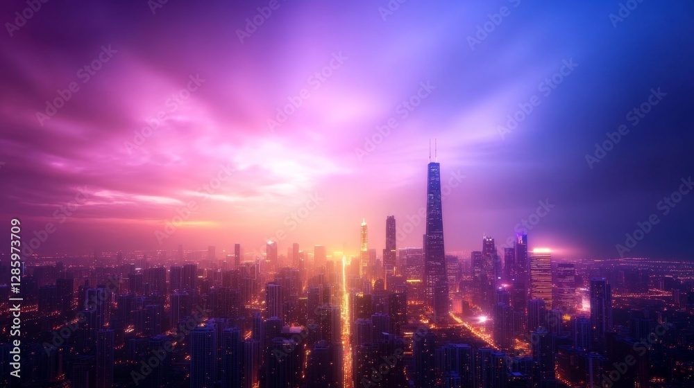Naklejka premium Stunning Cityscape View with a Purple Sunset Over a Skyscraper Skyline. Generative AI