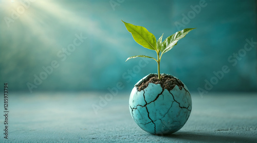 Green plant growing from cracked earth in environmental concept photo