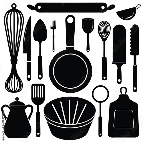 Collection of essential kitchen tools silhouettes in vector on white background