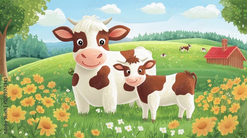 Illustration of cows in a sunny flower-filled meadow with a barn in the background. Illustration of cows in a sunny flower-filled meadow with a barn in the background.