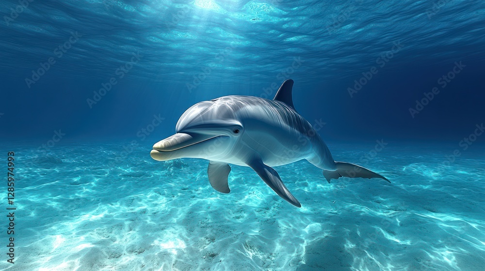 Fototapeta premium Underwater dolphin swimming in clear ocean waters with sunlight