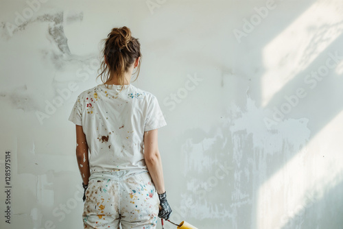  Woman from behind painting a white wall during renovation
