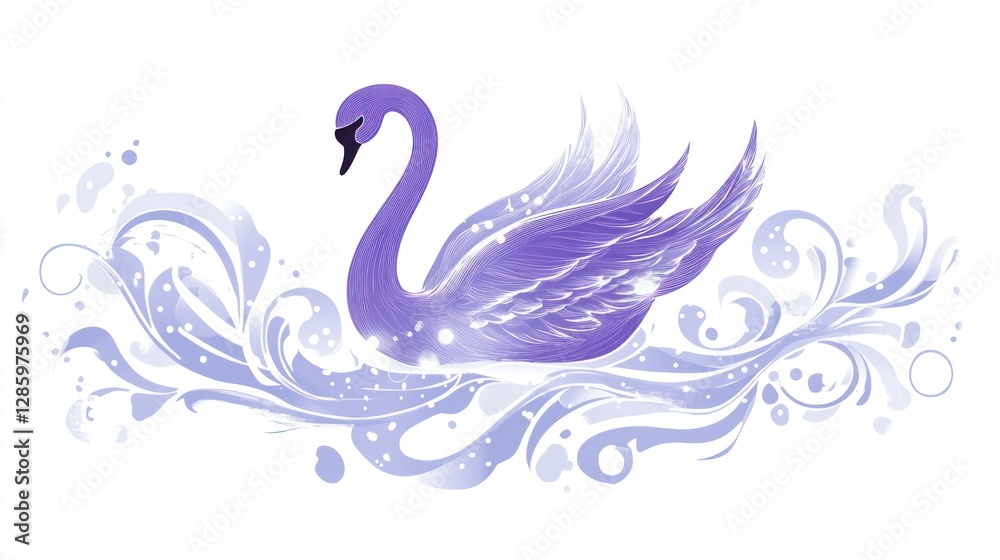 Fototapeta premium Purple swan gliding on water, abstract waves, peaceful scene, design element