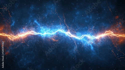 Lightning strike on high voltage power line, electricity illustration, electric sparks from powerful natural forces uncontrolled natural energy concept