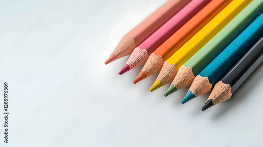 A vibrant array of colored pencils arranged in a row, showcasing a variety of hues against a simple white background. A vibrant array of colored pencils arranged in a row, showcasing a variety of hues against a simple white background.