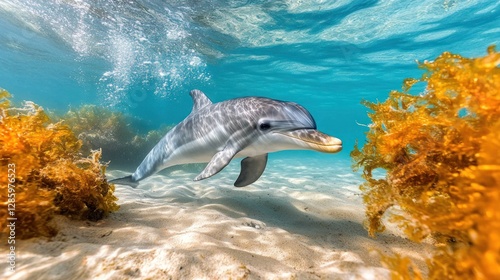 Underwater dolphin swimming near seaweed in shallow coral reef photo