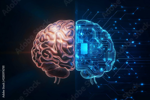 A visual representation of a brain divided into organic and digital halves, symbolizing the intersection of human intelligence and artificial intelligence.