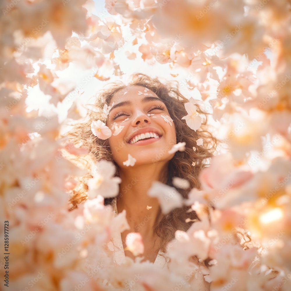 Fototapeta premium Happy woman surrounded by falling flower petals