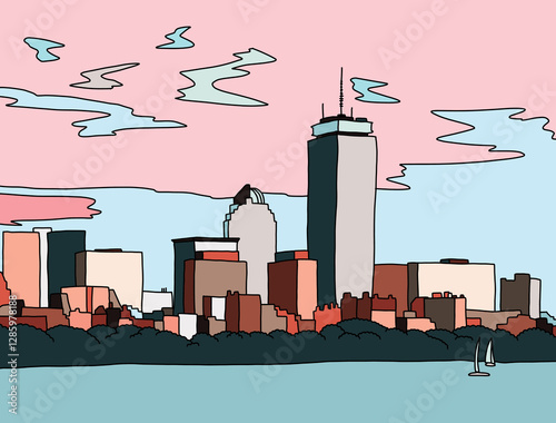 Boston Skyline with Pink and Blue Sky
