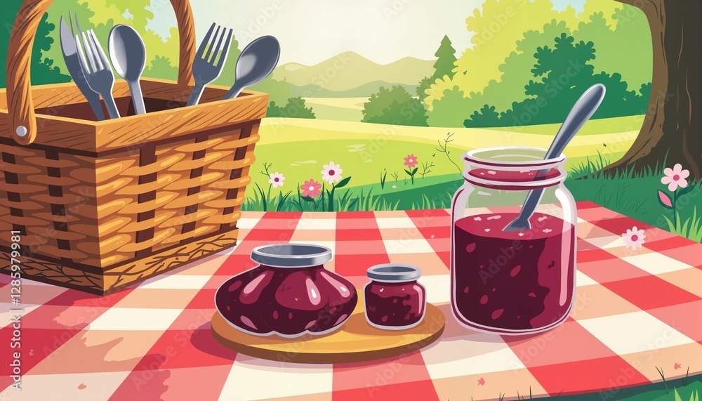 Fototapeta premium Picnic basket with jars of jam on a checkered tablecloth in nature