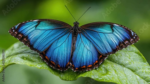Vibrant blue butterfly resting on leaf in lush garden photo