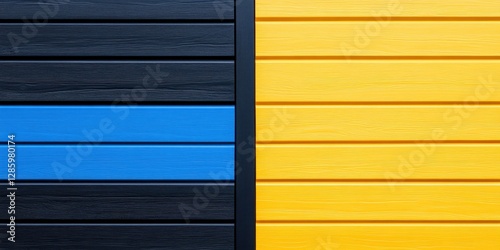Two sets of wooden boards, one blue and one yellow, with a black border. The blue and yellow boards are arranged in a way that creates a visually appealing contrast. Scene is one of balance