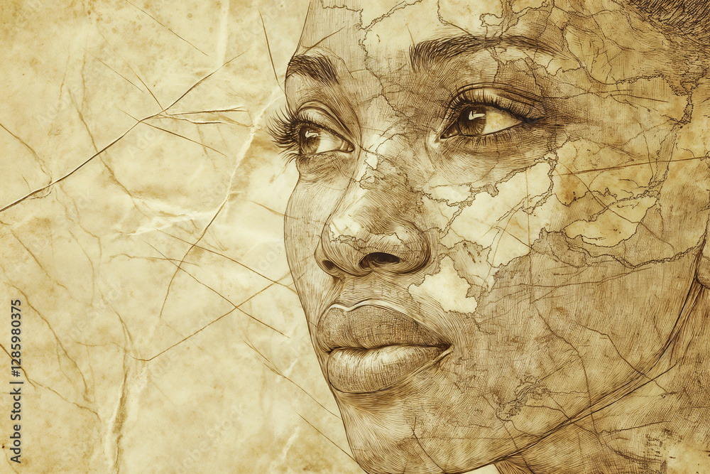 custom made wallpaper toronto digitalArtistic portrait of a Black woman blended with a vintage world map
