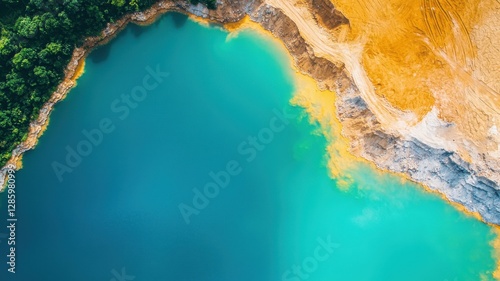 Aerial View of Turquoise Lake and Yellow Sand Quarry Landscape