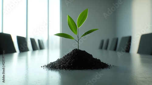 Young plant growing on a conference table.
