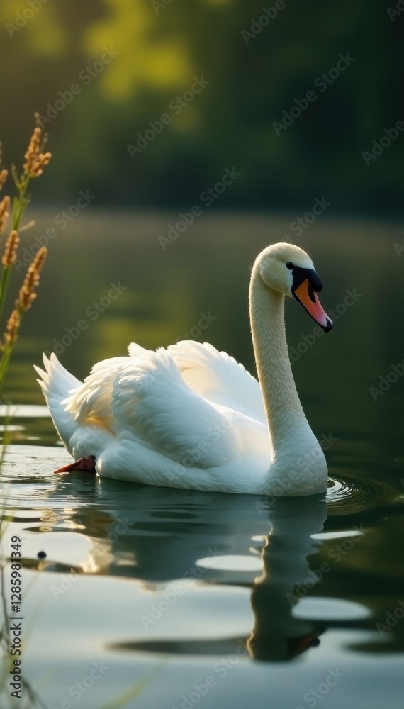 Obraz premium Serene swan glides on tranquil lake, sunlit reeds , scenic, beauty, wild