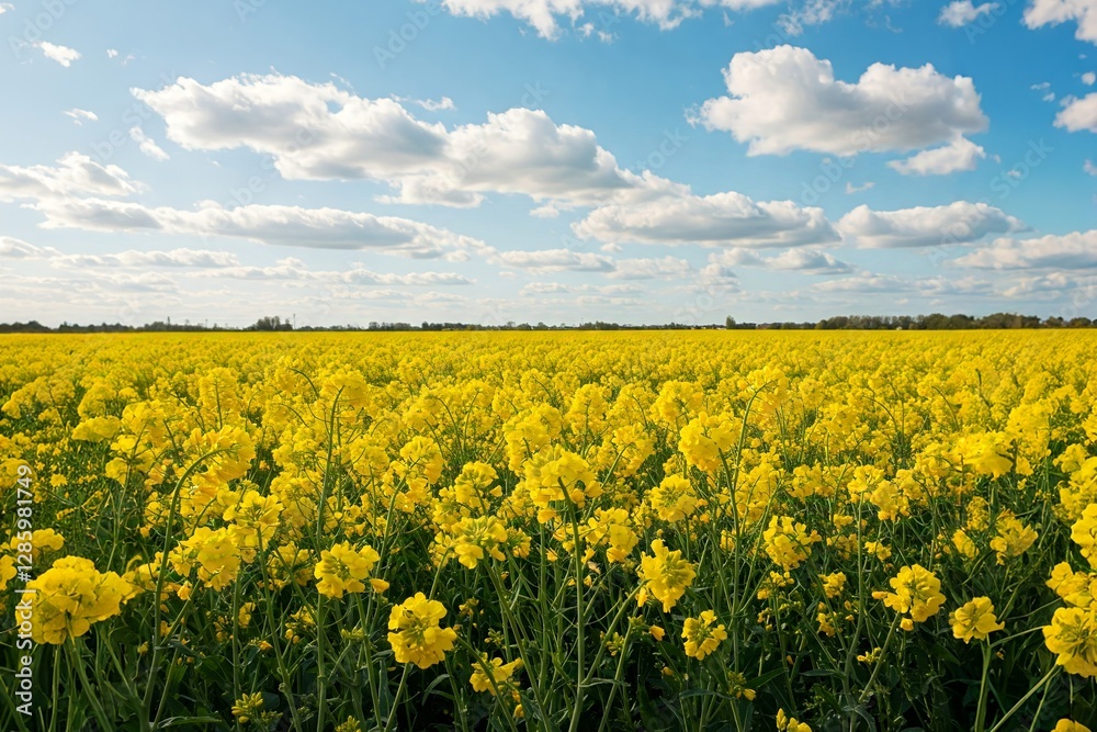 Vast Field of Blooming Canola Flowers Under a Sunny Sky. A breathtaking panorama of a vibrant canola field, bursting with bright yellow flowers. Vast Field of Blooming Canola Flowers Under a Sunny Sky. A breathtaking panorama of a vibrant canola field, bursting with bright yellow flowers.