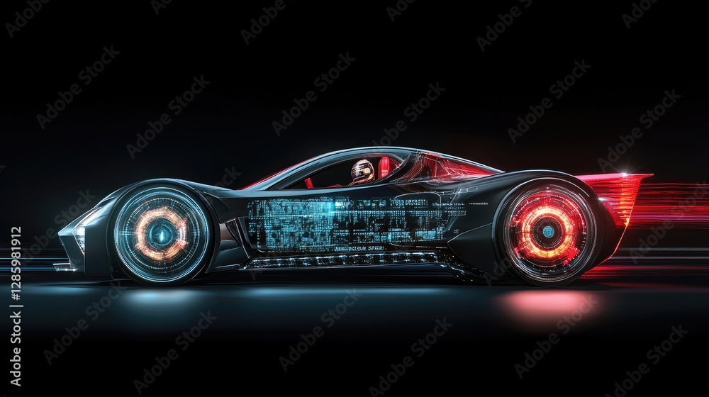 Naklejka premium A futuristic sleek car with glowing wheels and advanced technology