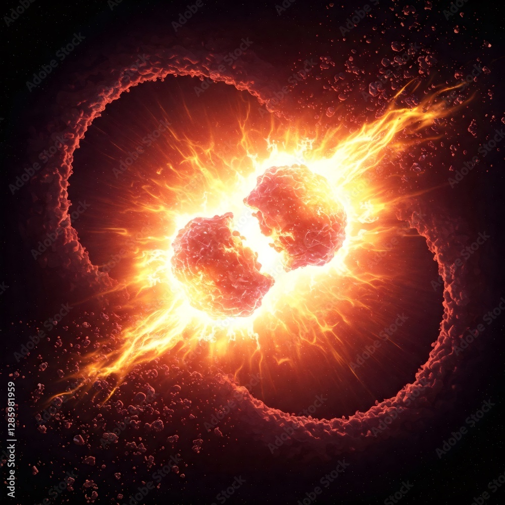 Fototapeta premium Two planets colliding creating big explosion with fire and magma