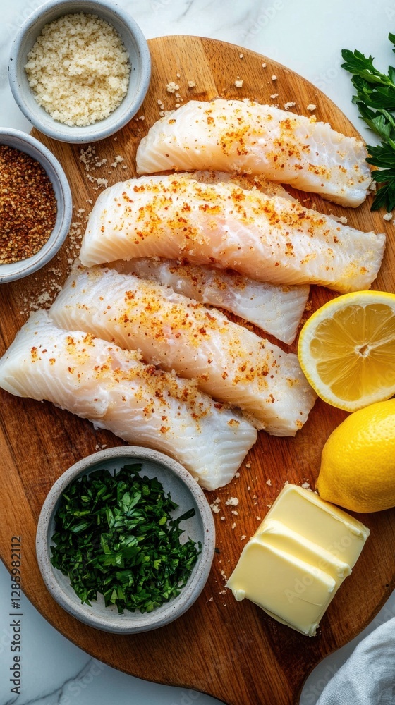 Fresh cod fillets with herbs and lemon ingredients for gourmet cooking. National Crab Stuffed Flounder Day Fresh cod fillets with herbs and lemon ingredients for gourmet cooking. National Crab Stuffed Flounder Day