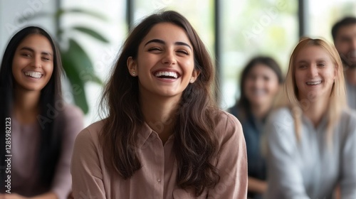 Young successful woman smiling and enyoing in ofice with other people - team building