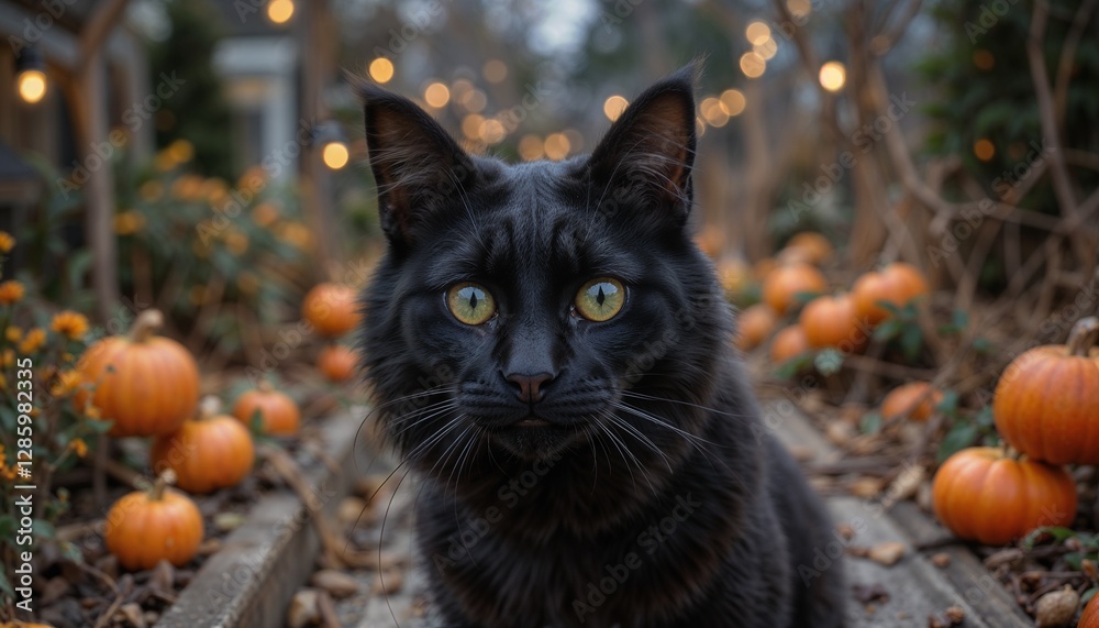 Fototapeta premium Black cat among pumpkins with Halloween lights.