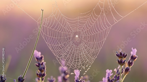 Web of dew-kissed silk glistens in morning light among fragrant lavender blooms