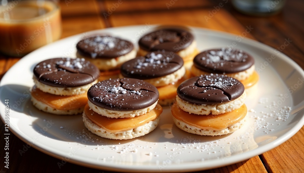 Chocolate and caramel sandwich cookies on plate. Chocolate and caramel sandwich cookies on plate.
