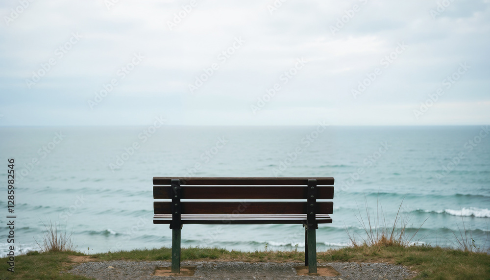 Wooden bench overlooking the ocean on a cloudy day. Wooden bench overlooking the ocean on a cloudy day.