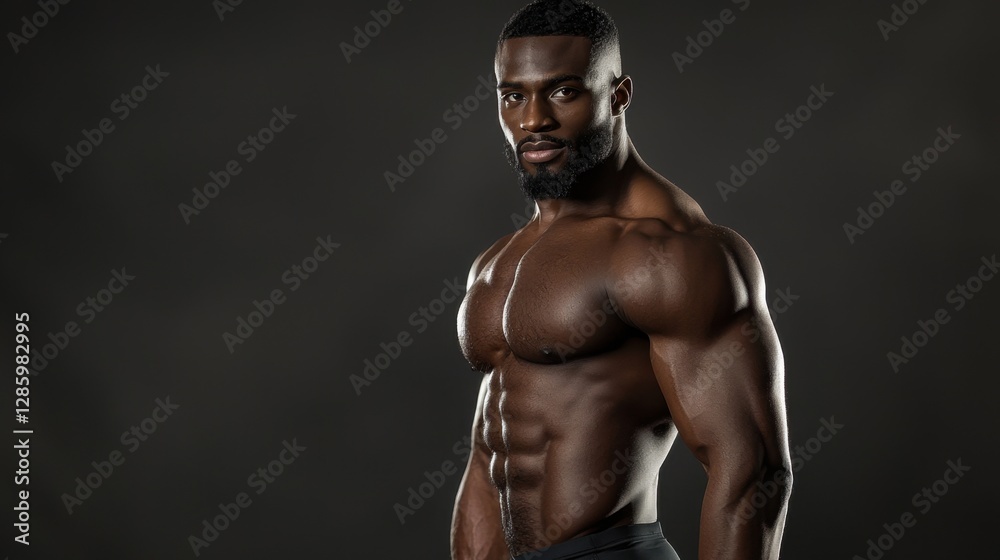 A man with a muscular body is standing in front of a dark background