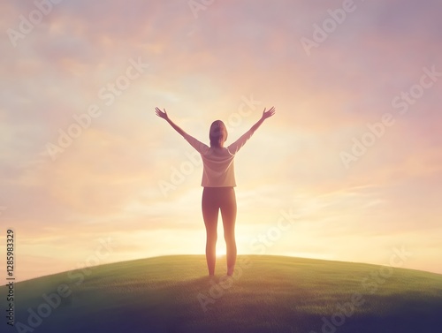 Wallpaper Mural Woman standing on a hilltop at sunrise, arms outstretched, embracing the new day Torontodigital.ca