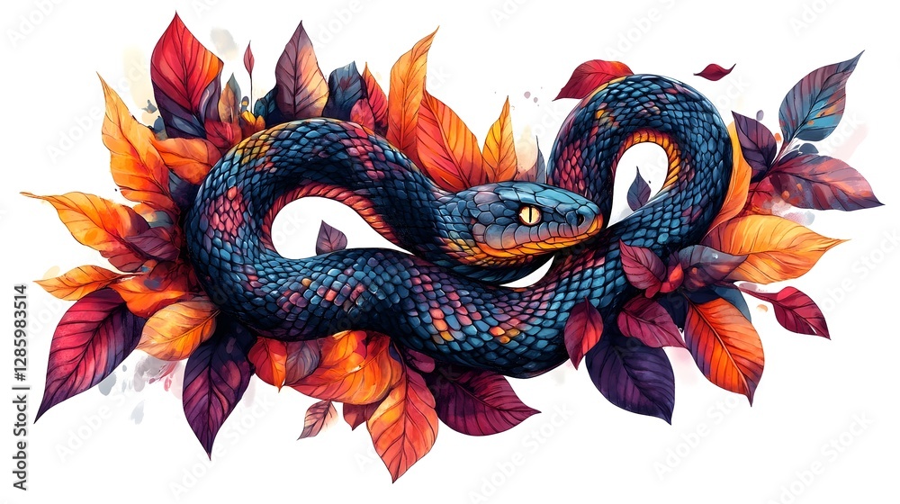 Naklejka premium Coiled Snake Amid Autumn Foliage with Vibrant Leaves