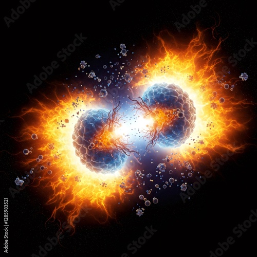 Two viruses colliding and exploding with fire and energy on black background