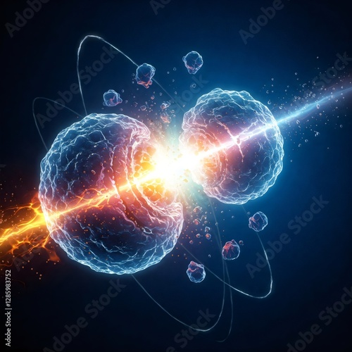 Nuclear fission reaction splitting atom into smaller particles releasing energy
