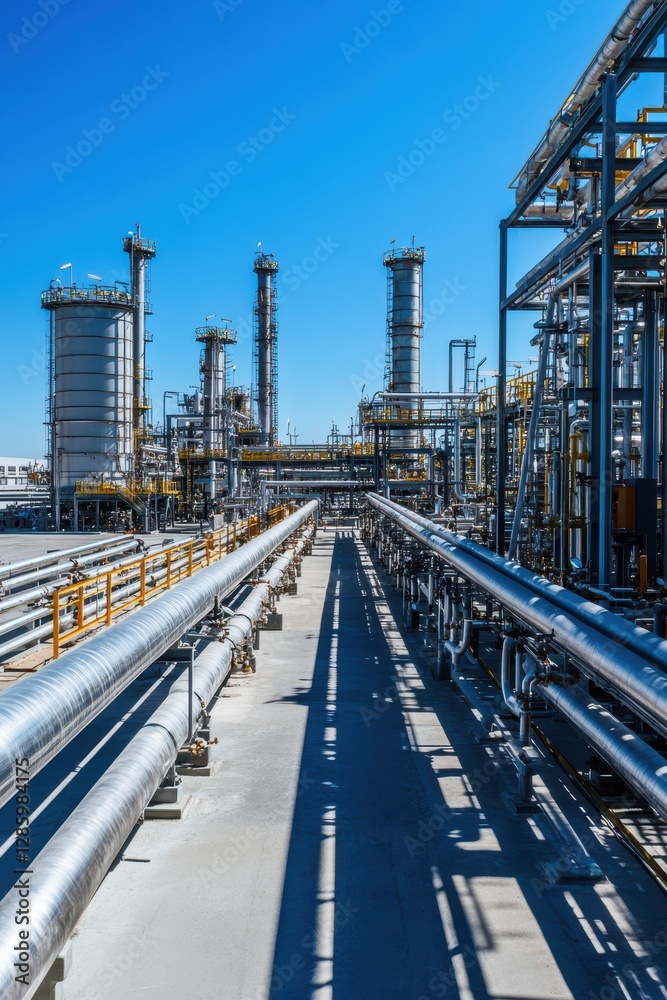 Vast industrial gas processing facility featuring massive storage tanks and intricate pipelines under a clear blue sky. Vast industrial gas processing facility featuring massive storage tanks and intricate pipelines under a clear blue sky.