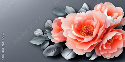 Blush Peonies and Silver Dust. Soft pink peonies paired with silvery eucalyptus, arranged with a watercolor wash for elegant wedding designs.