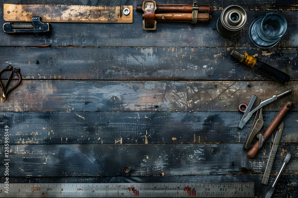A rustic workbench with various tools and equipment, showcasing a creative workspace atmosphere A rustic workbench with various tools and equipment, showcasing a creative workspace atmosphere